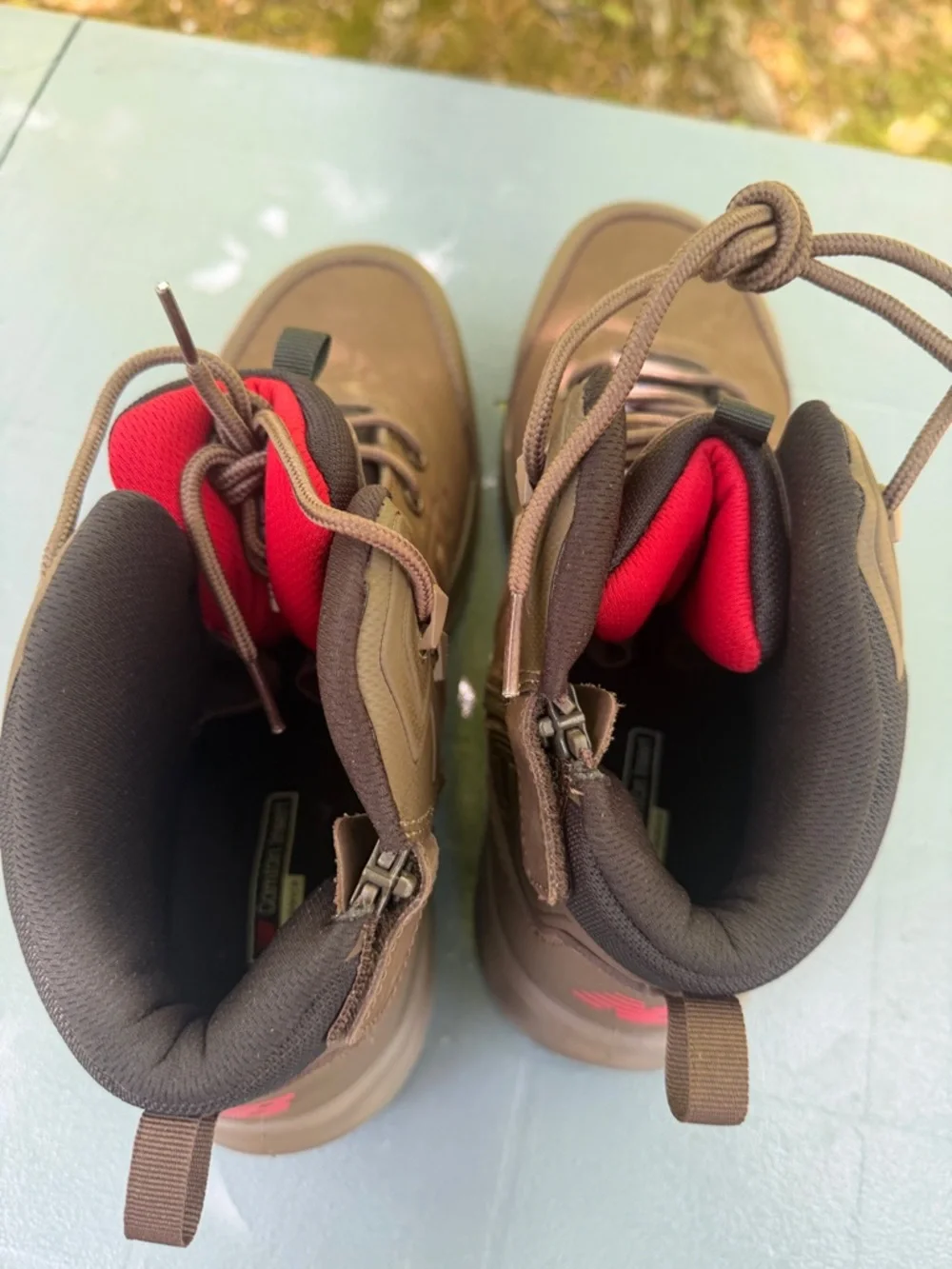 New Balance Calibre Brown Men's Waterproof Hiking Boots with Red Accents